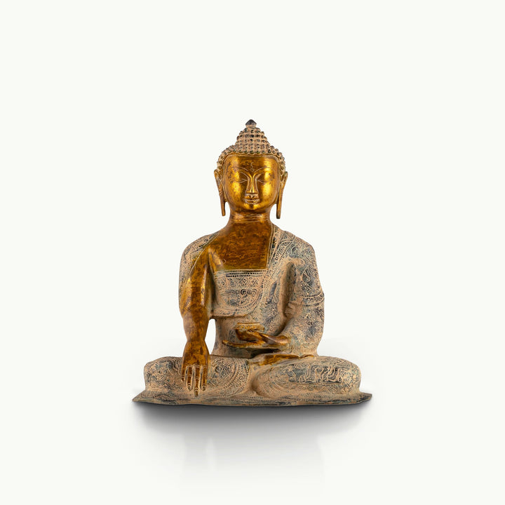 Patterned Brass Bhumisparsha Buddha Statue touching the earth for a sunlit atrium. 