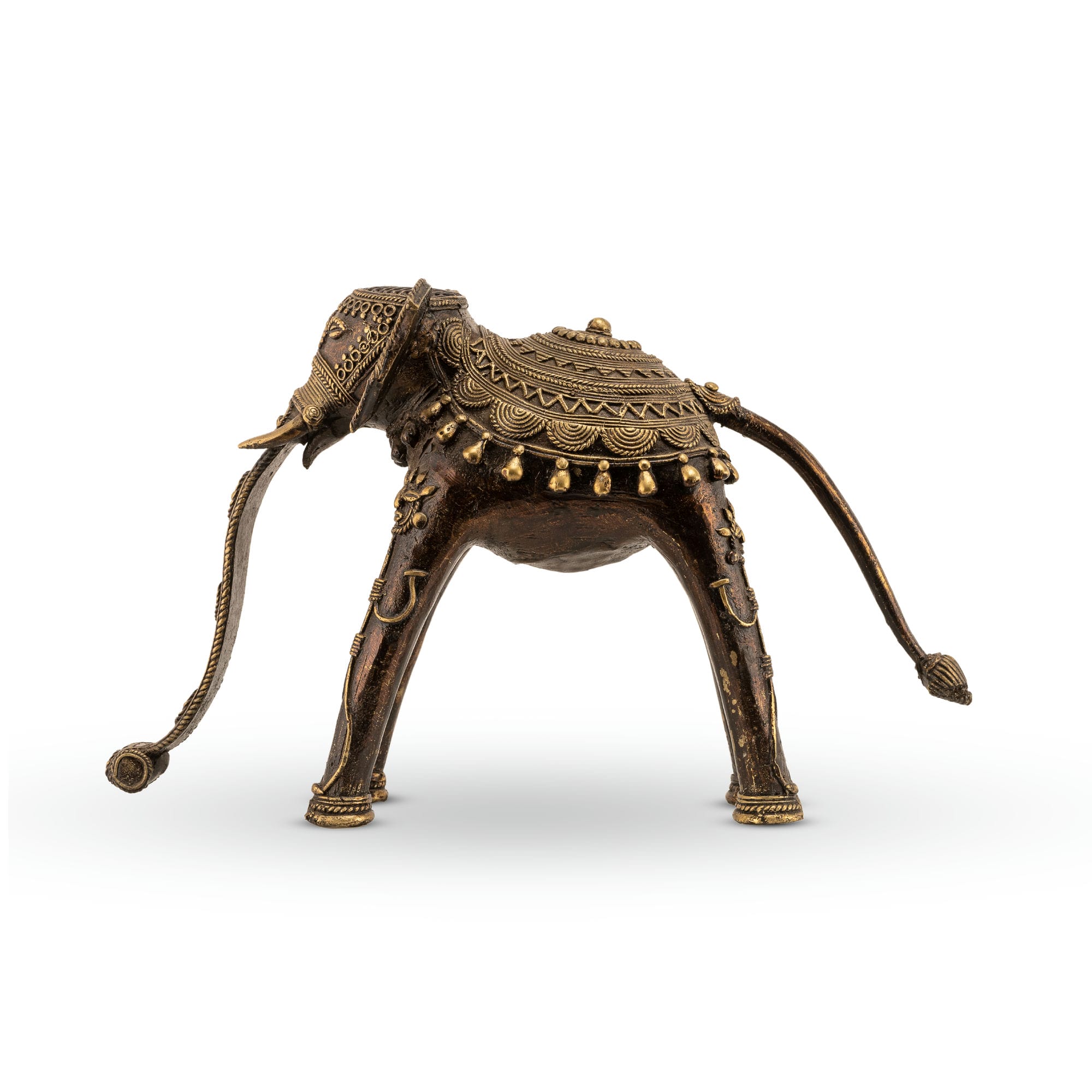 Antiqued Brass Elephant Statue with hand-chased adornments for a wide wooden bookshelf. 