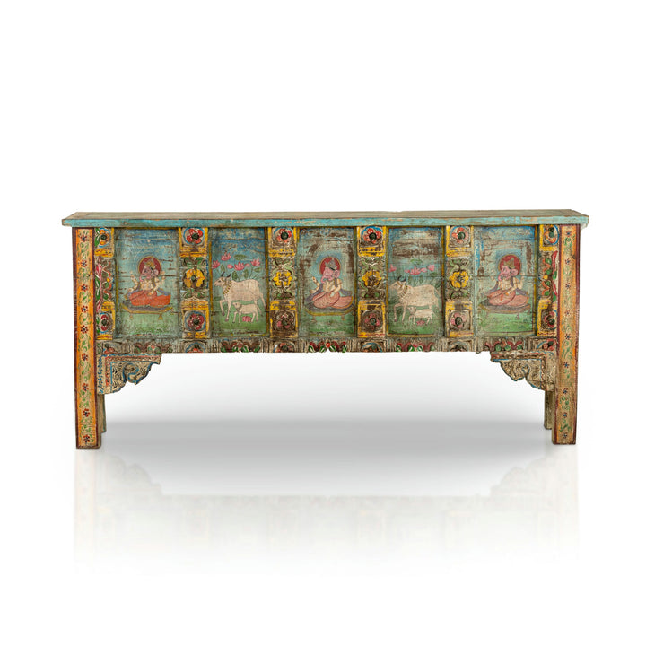 Painted Wood Distressed Antique Low Cabinet with Devotional Panels