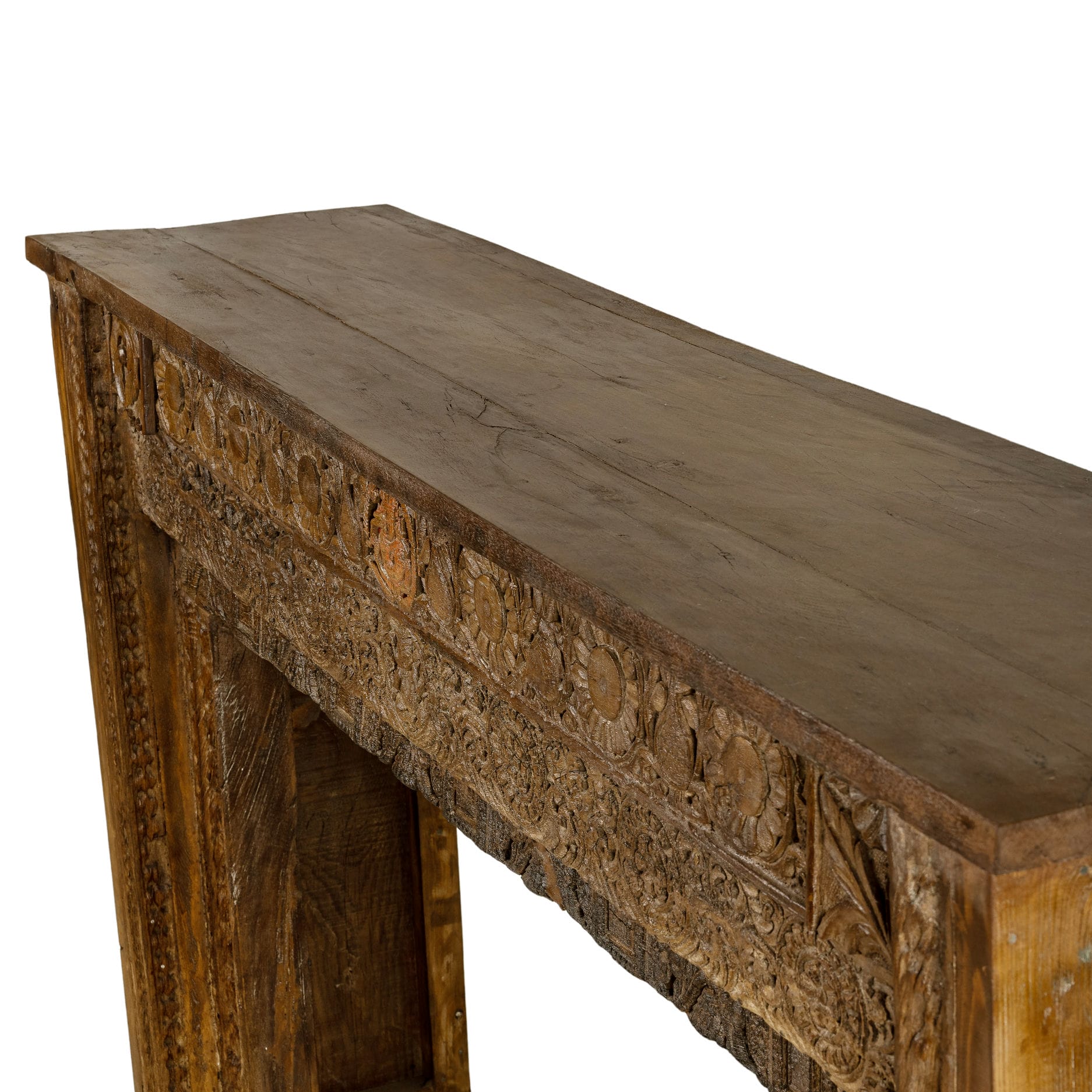 Carved Wood Antique Low Console with Floral Relief and Central Medallion