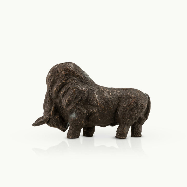 Textured Brass Bull Sculpture in a brutalist stance for a minimalist concrete console. 