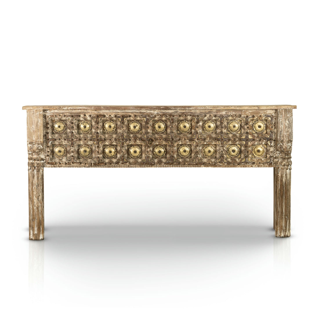Distressed Wood Rustic Console with Brass Medallions