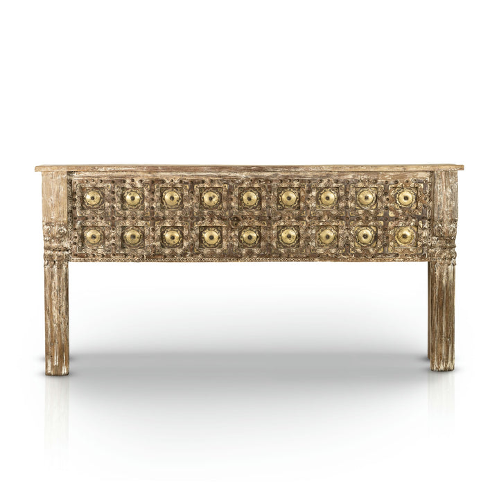Distressed Wood Rustic Console with Brass Medallions
