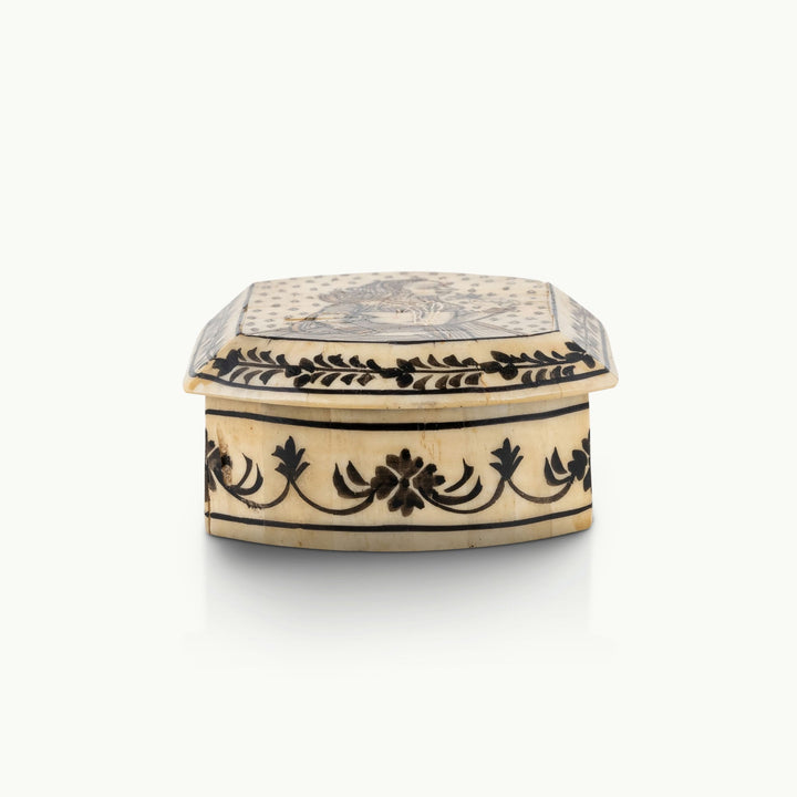 Antique monochrome ink-painted bone art octagonal trinket box with courtly figure