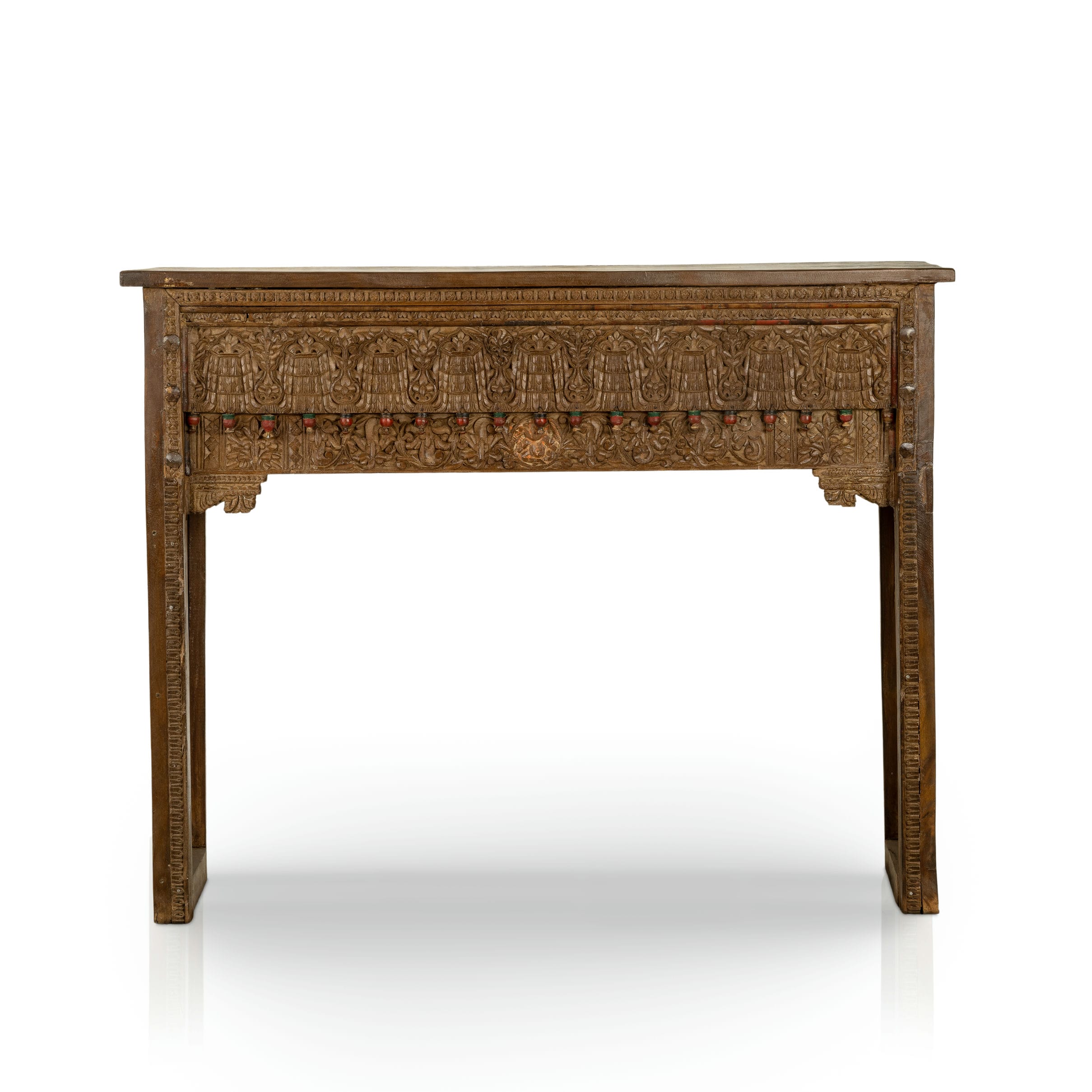 Carved Wood Antique Low Console with Figurative Relief