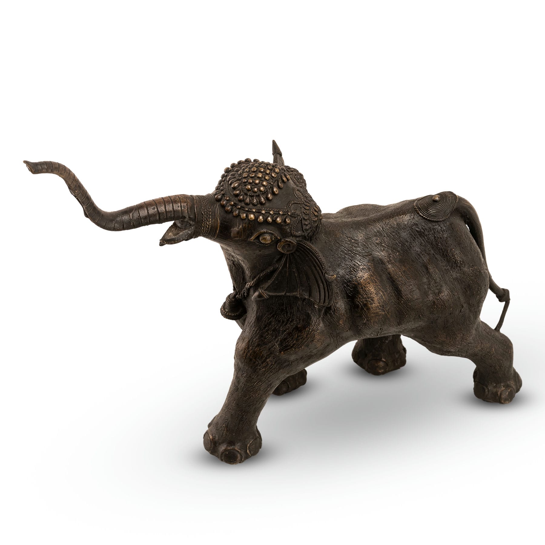 Handcrafted heavy metal animal idol wearing a traditional bell necklace for a living room credenza or cultural showcase.
