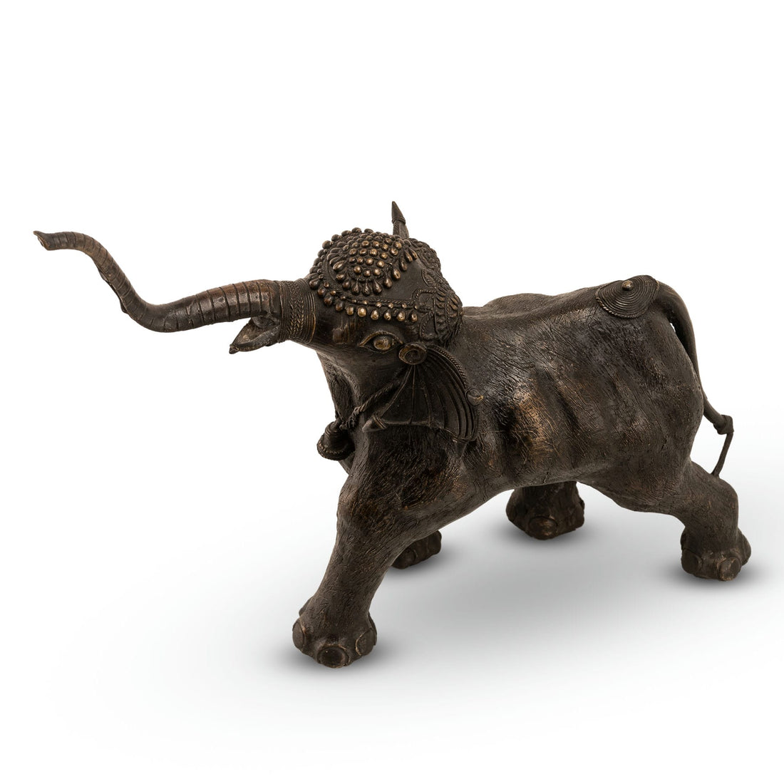 Handcrafted heavy metal animal idol wearing a traditional bell necklace for a living room credenza or cultural showcase.
