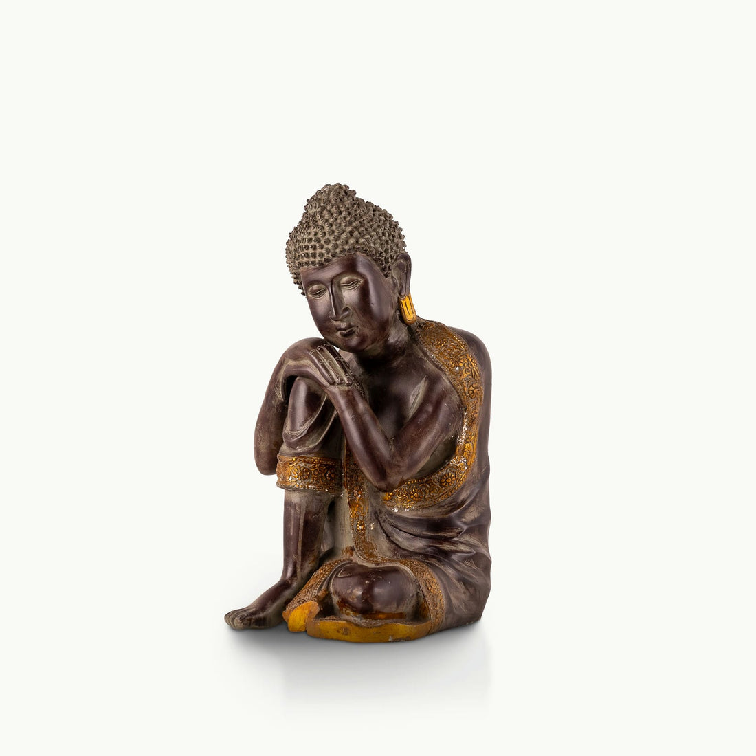 Dark Brass Resting Buddha Statue with a head on its knee for a low minimalist console.