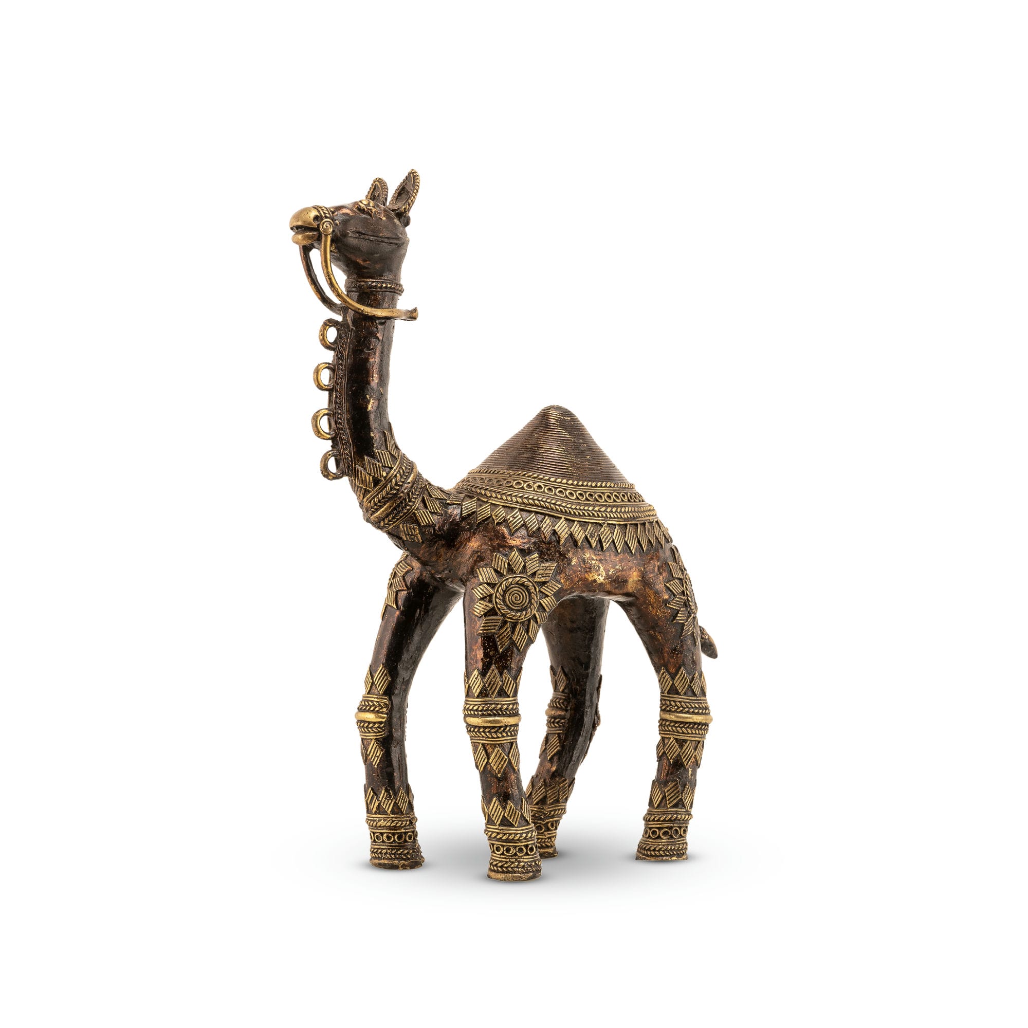 Rajasthani metal animal art featuring polished gold-tone sunburst motifs for an executive desk or corporate gifting.