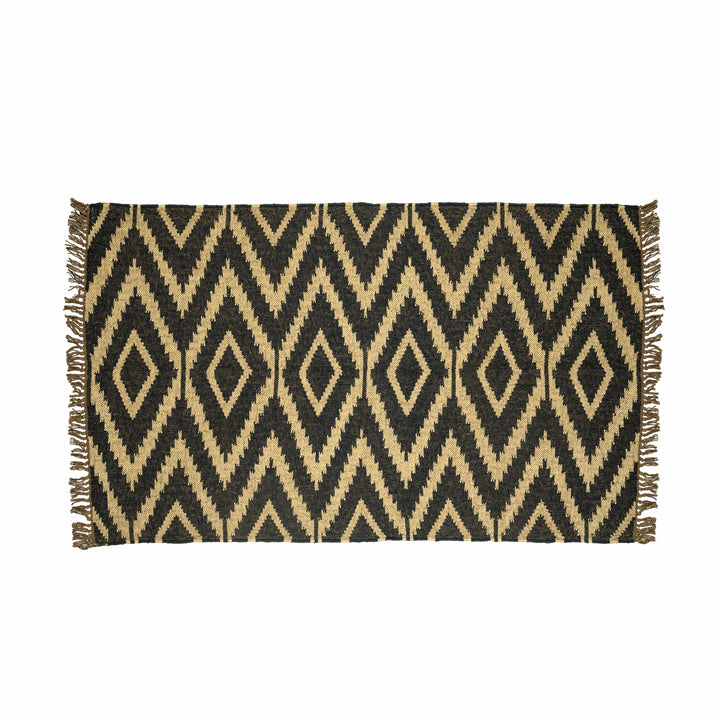 Handwoven Wool Jute Rug – Black & Natural Diamond Pattern