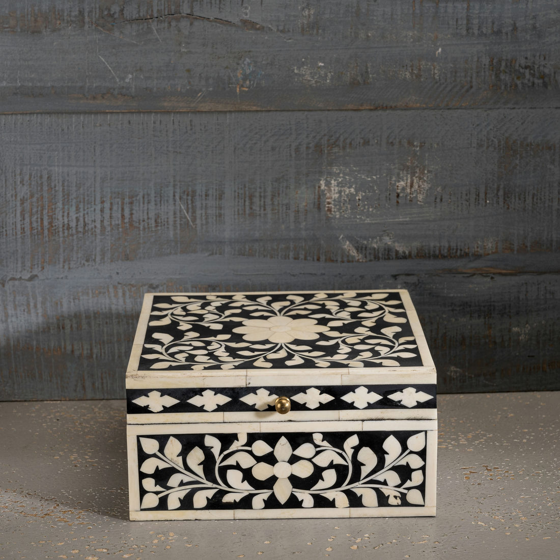 Bone/Resin Composite Square Black and White Floral Inlay Box