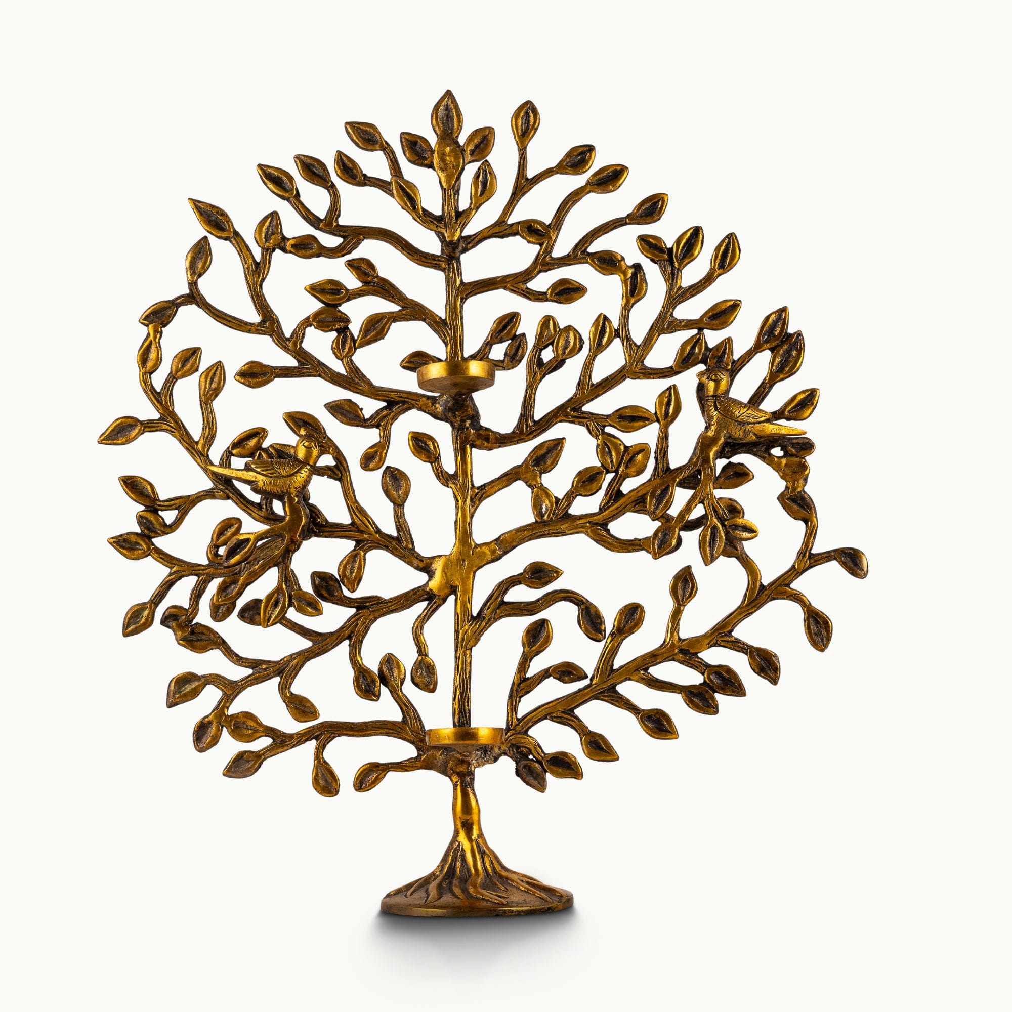 Antique polished brass tree of life sculpture with birds and candelabra