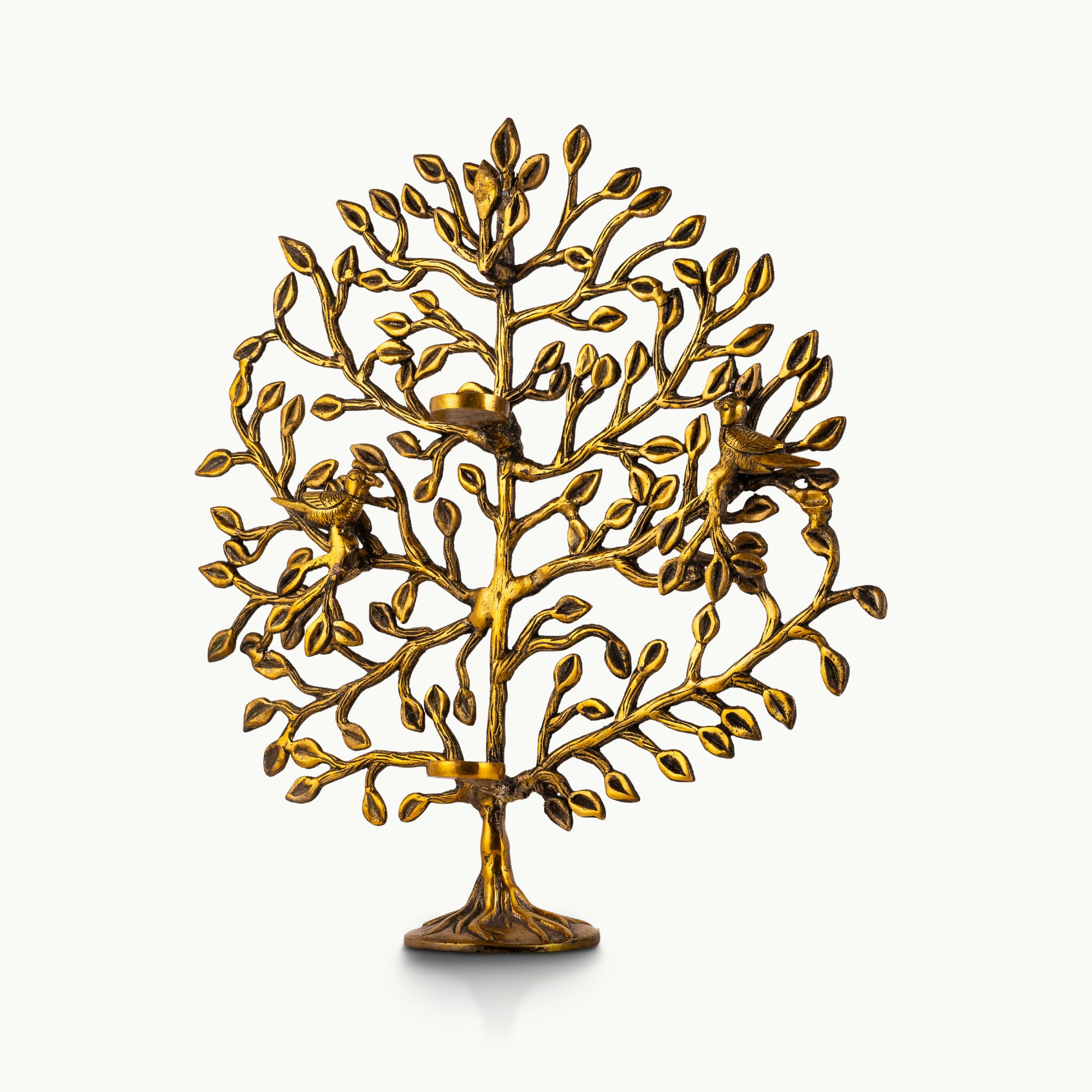 Antique polished brass tree of life sculpture with birds and candelabra