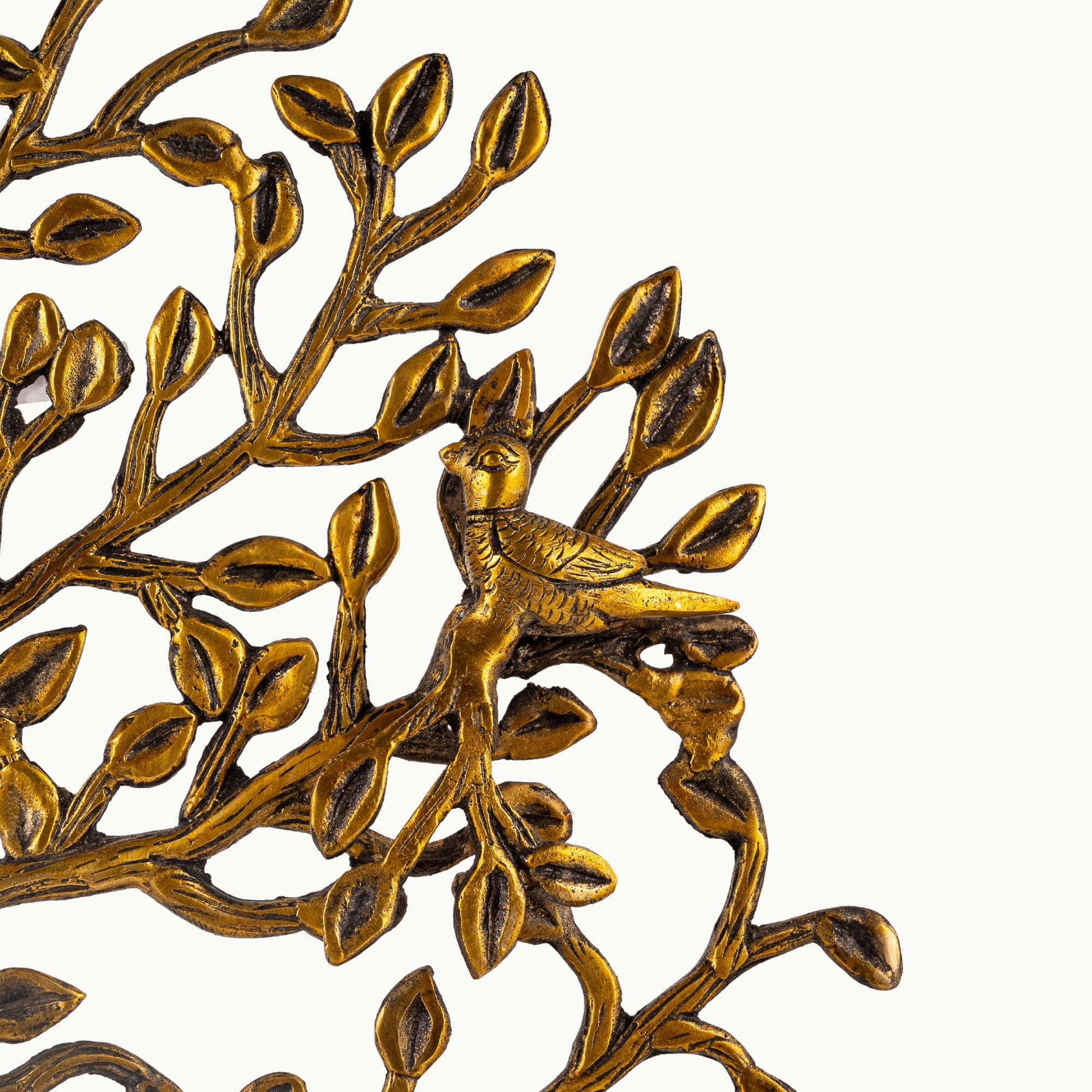 Antique polished brass tree of life sculpture with birds and candelabra