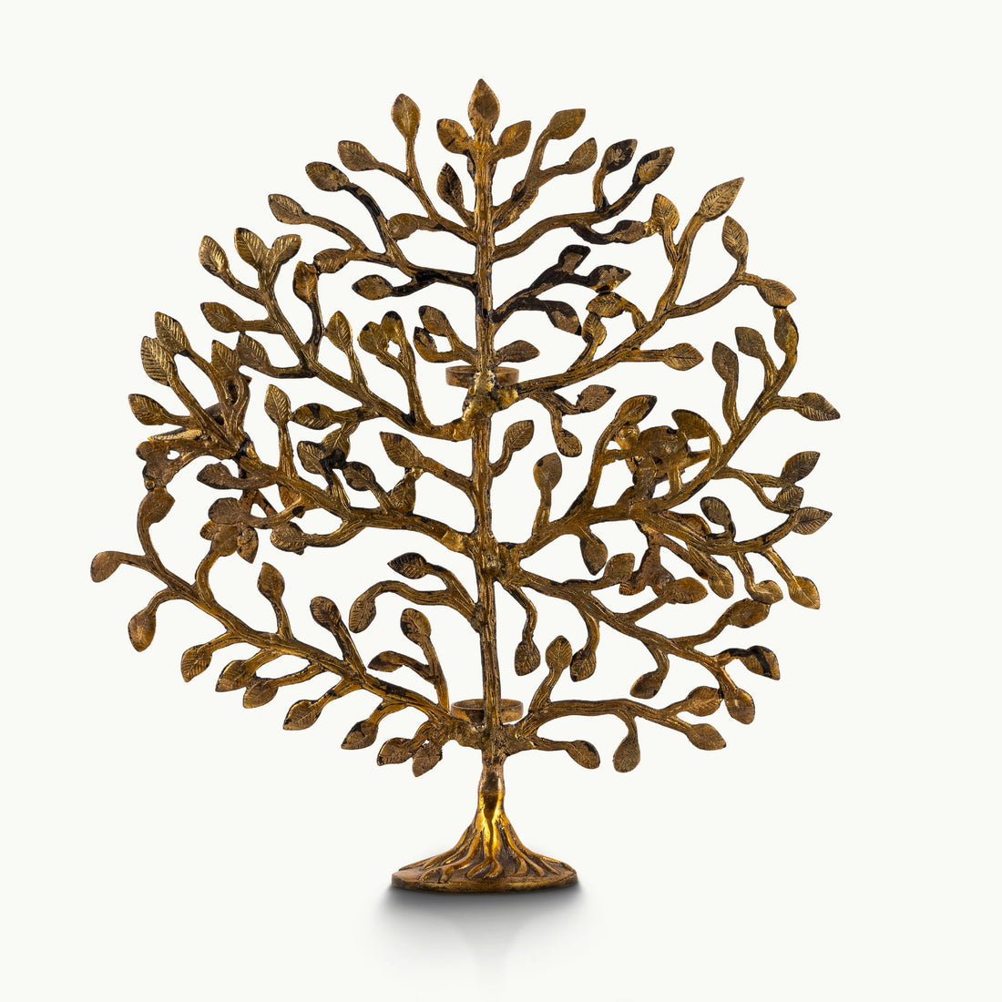 Antique polished brass tree of life sculpture with birds and candelabra
