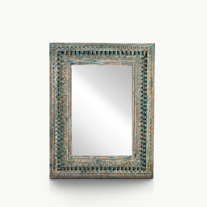 Distressed green wooden wall frame crafted from solid mango wood with floral carving.