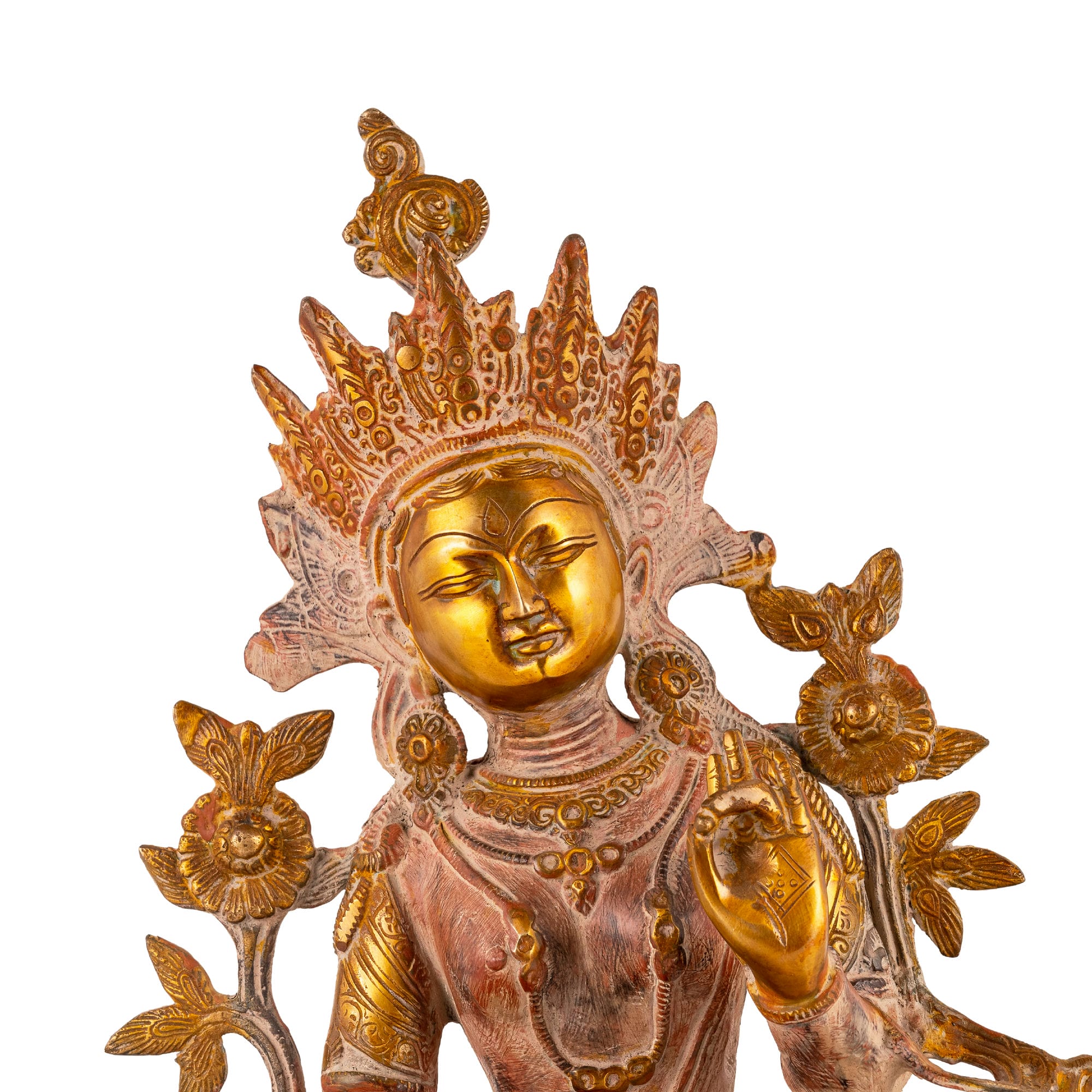 Handcrafted metal Buddhist goddess sculpture with polished golden highlights for a meditation space or spiritual sanctuary.