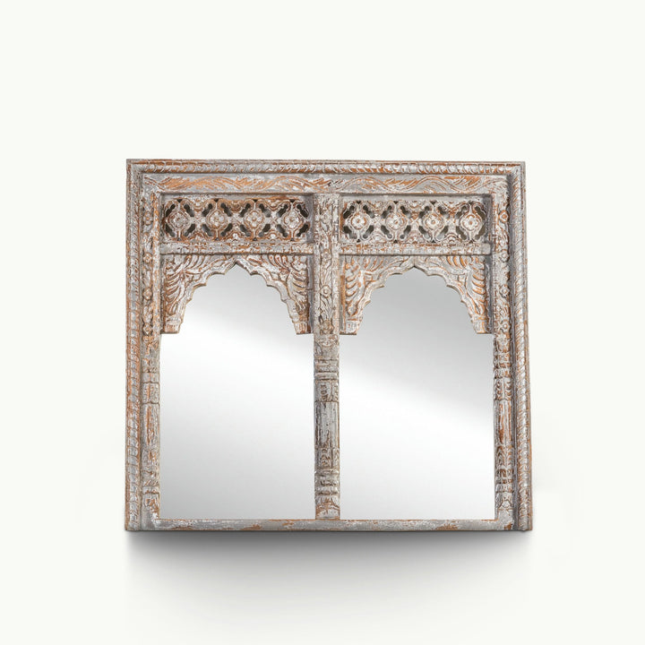 Whitewashed wooden jharokha frame crafted from solid mango wood with pierced upper lattice.