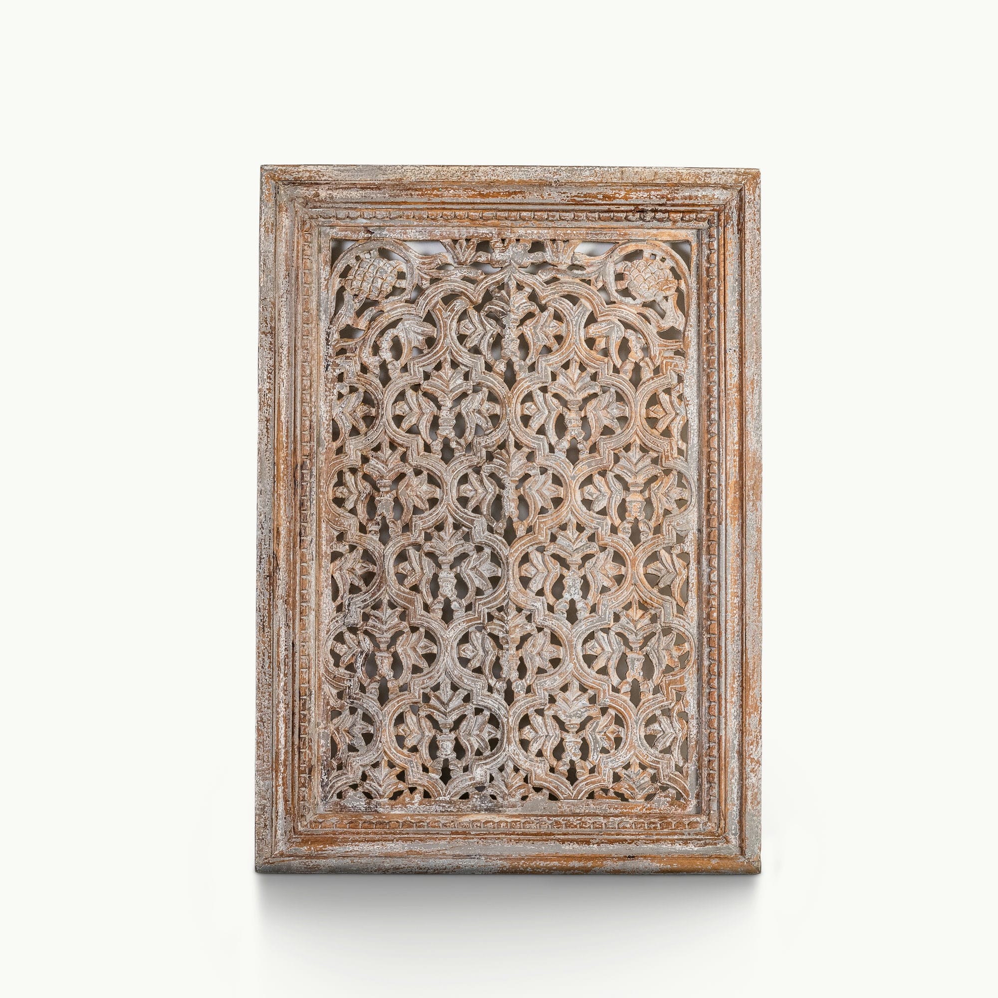 Pierced mango wood jali panel crafted from solid timber with intricate floral carving.