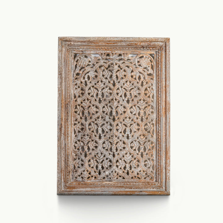 Pierced mango wood jali panel crafted from solid timber with intricate floral carving.