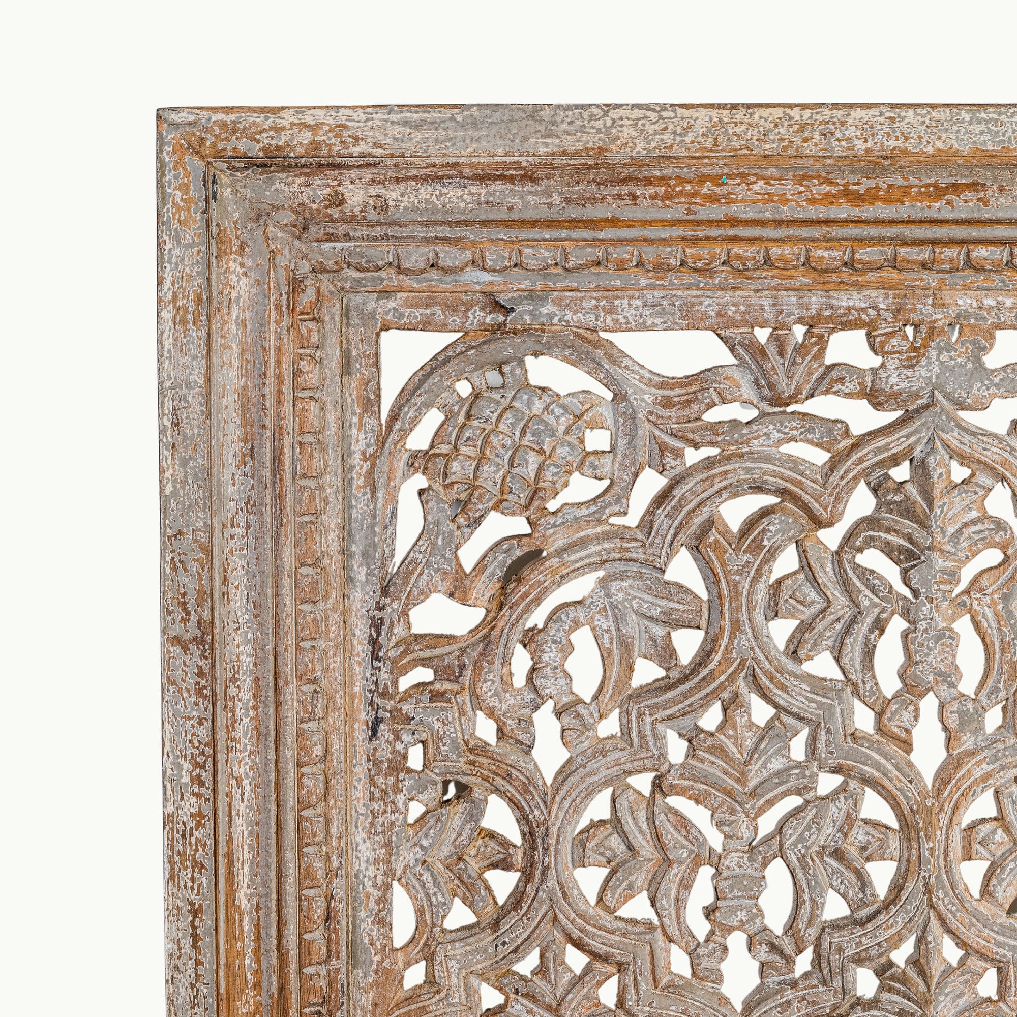 Pierced mango wood jali panel crafted from solid timber with intricate floral carving.
