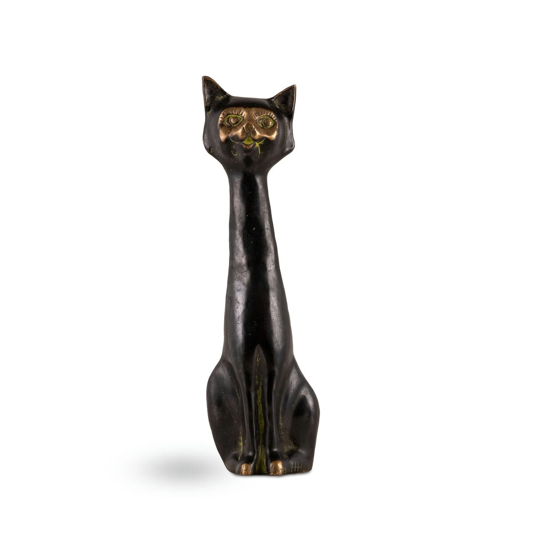 Elongated Black Brass Cat Sculpture in upright observation on an open display shelf. 