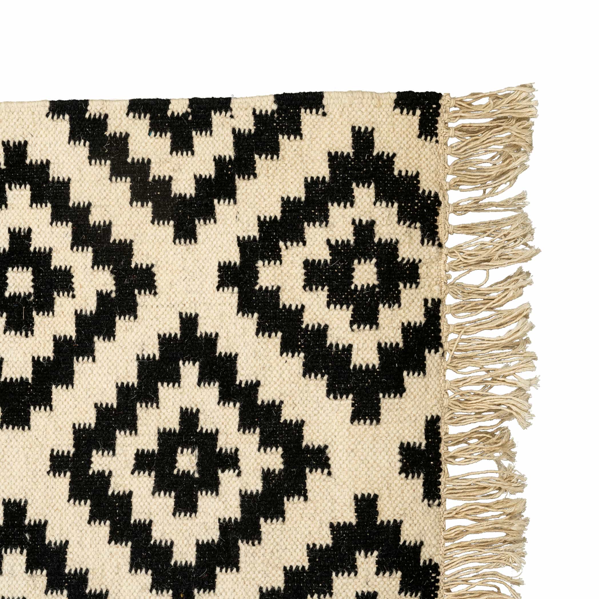 Handwoven Cotton Wool Rug – Black and Ivory Diamond Geometric Pattern