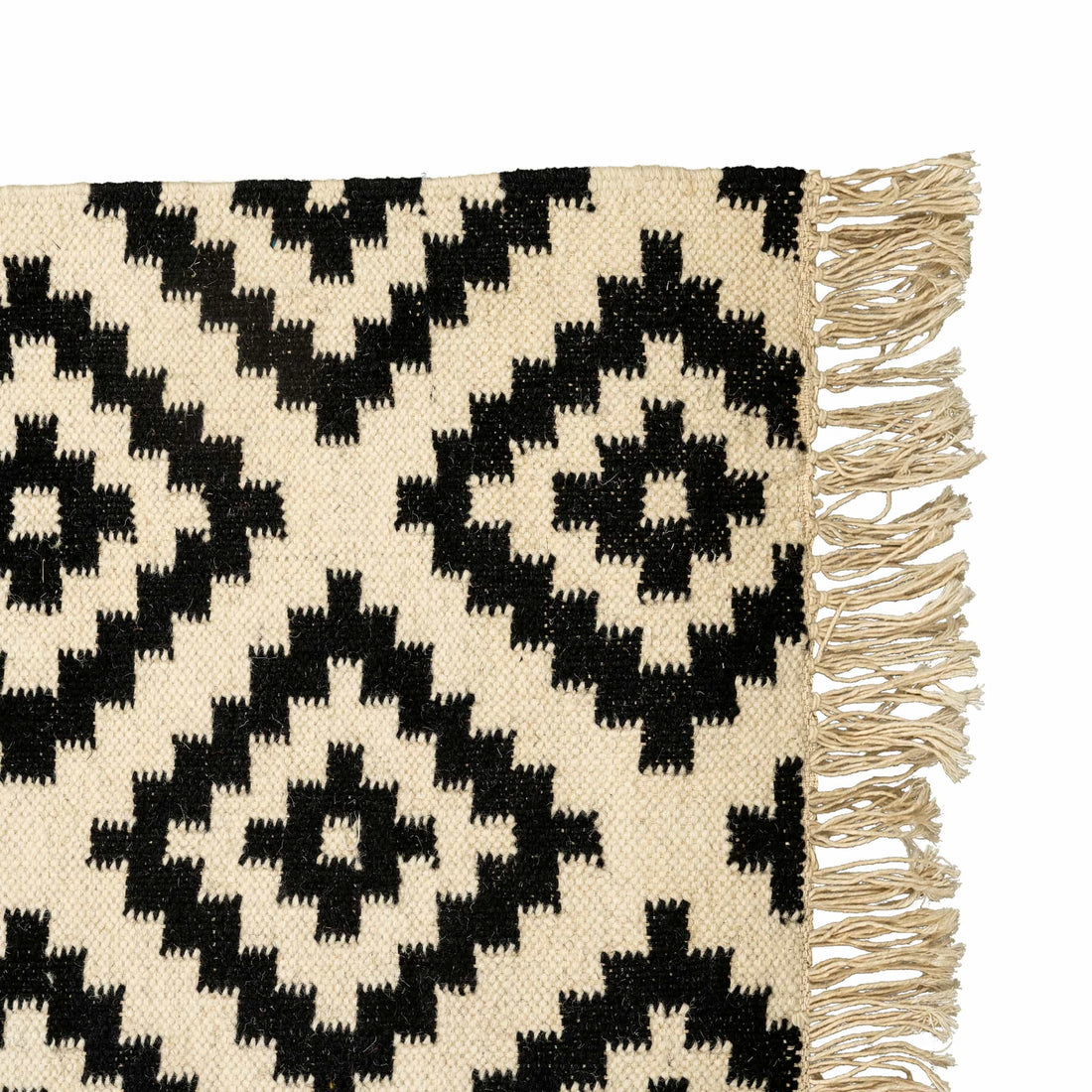 Handwoven Cotton Wool Rug – Black and Ivory Diamond Geometric Pattern