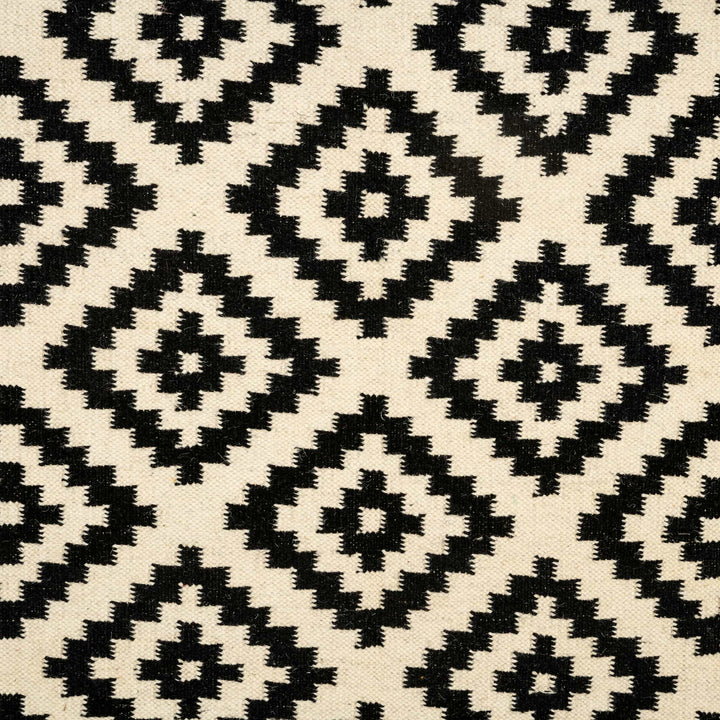 Handwoven Cotton Wool Rug – Black and Ivory Diamond Geometric Pattern