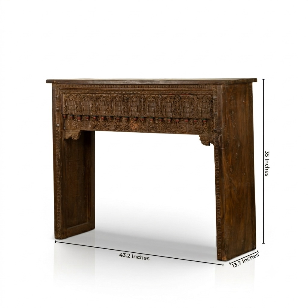 Polychrome painted wooden console featuring distressed timber and vivid hand-painted panels.