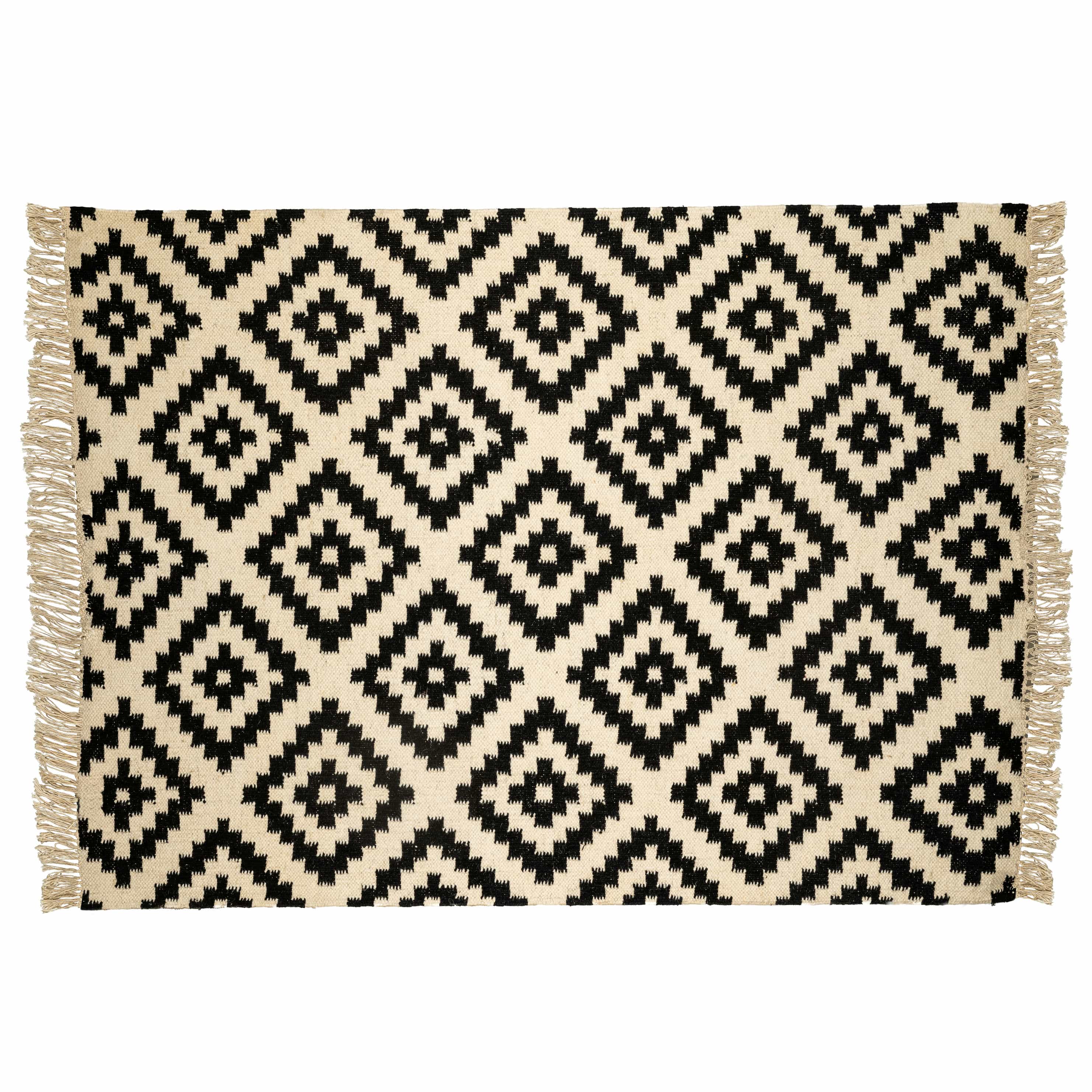Handwoven Cotton Wool Rug – Black and Ivory Diamond Geometric Pattern