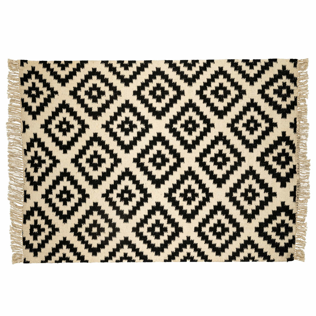 Handwoven Cotton Wool Rug – Black and Ivory Diamond Geometric Pattern