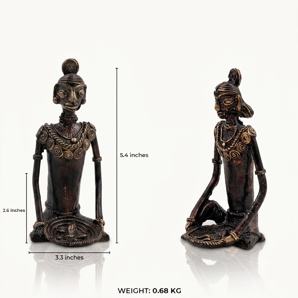Brass tribal musician sculpture pair featuring handcrafted Indian metal figurines in bronze.