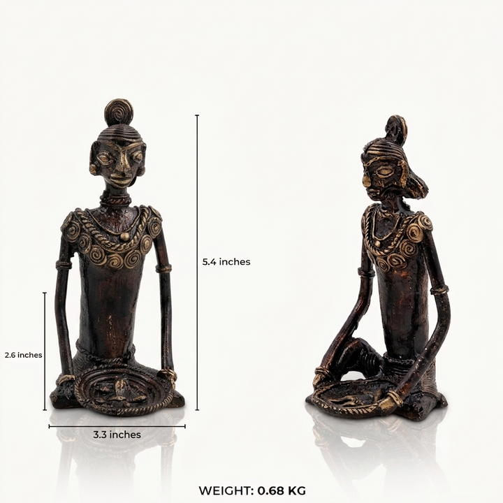 Brass tribal musician sculpture pair featuring handcrafted Indian metal figurines in bronze.