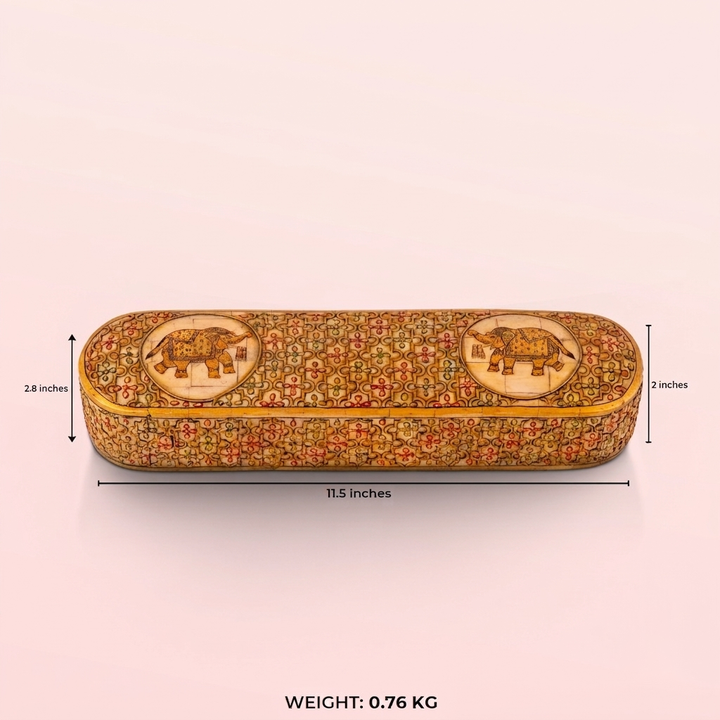 Elongated painted camel bone box featuring a sliding wooden tray and elephant medallions.