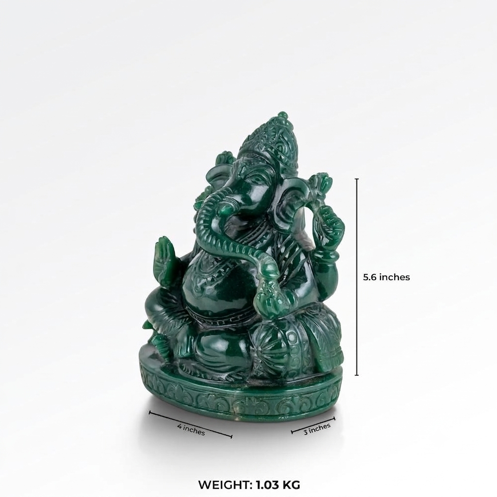 Jade stone Ganesha statue seated in Abhaya mudra with a highly polished emerald finish.