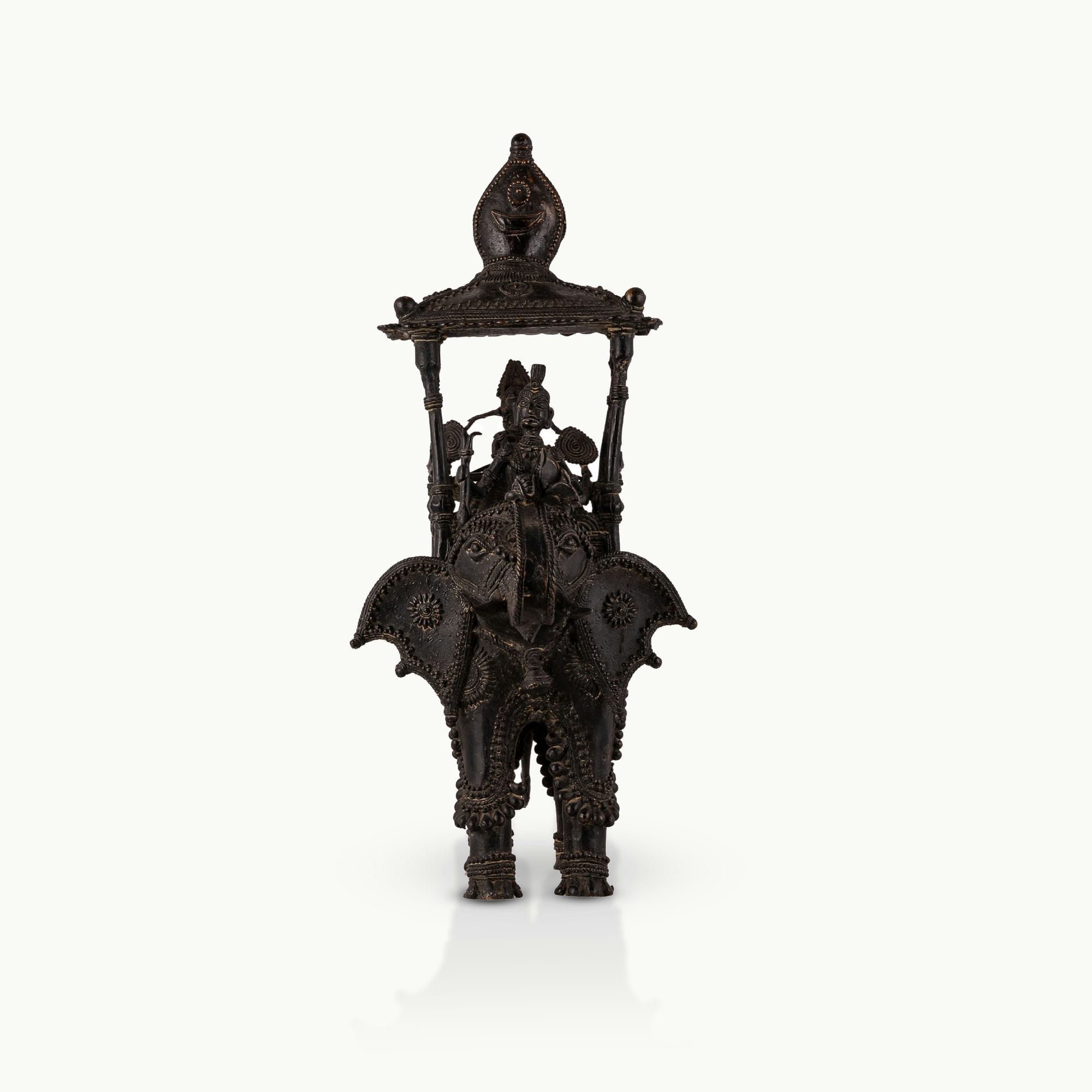 Dhokra Brass Royal Elephant Statue carrying a multi-tiered canopy for an expansive entryway. 