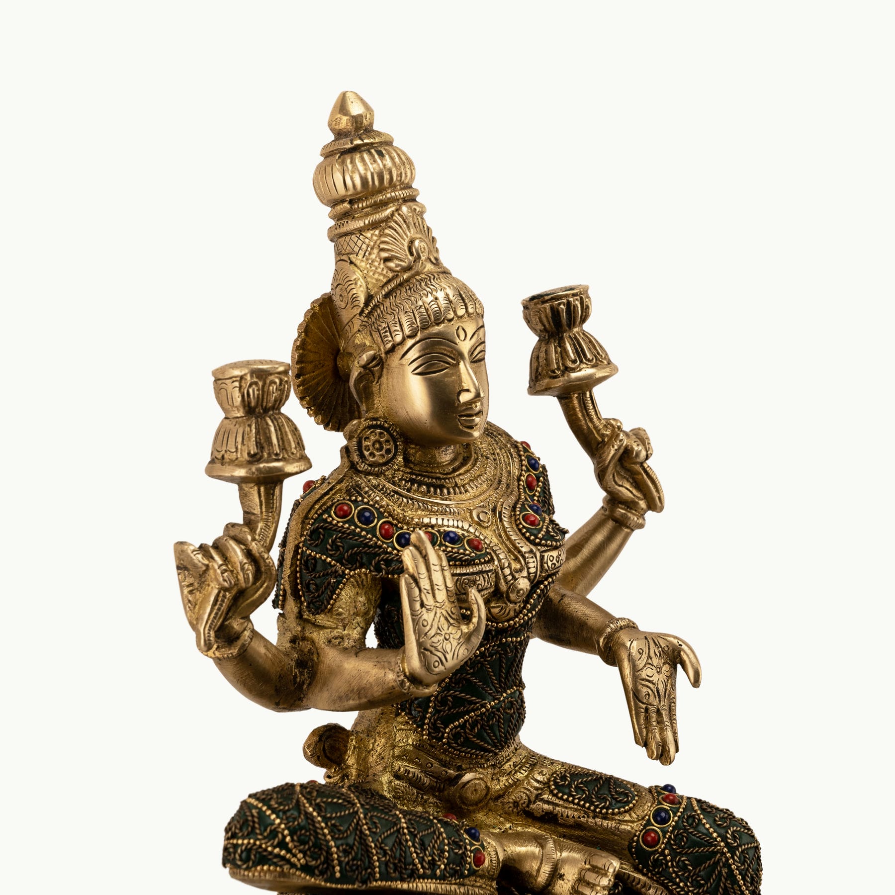 Stone Inlay Brass Lakshmi Statue: The Sovereign Prosperity