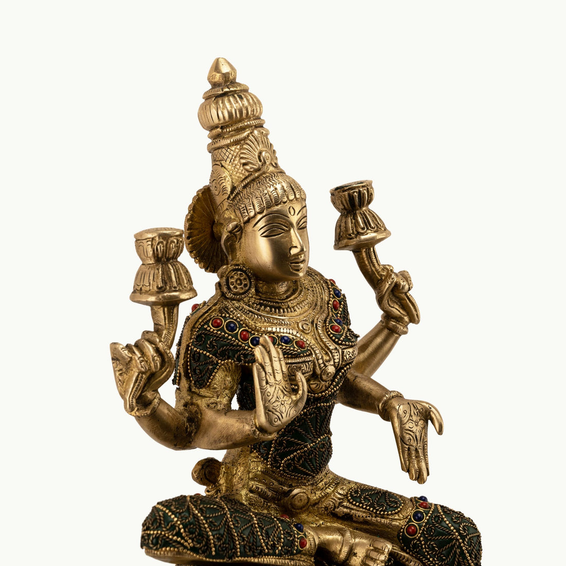 Stone Inlay Brass Lakshmi Statue: The Sovereign Prosperity
