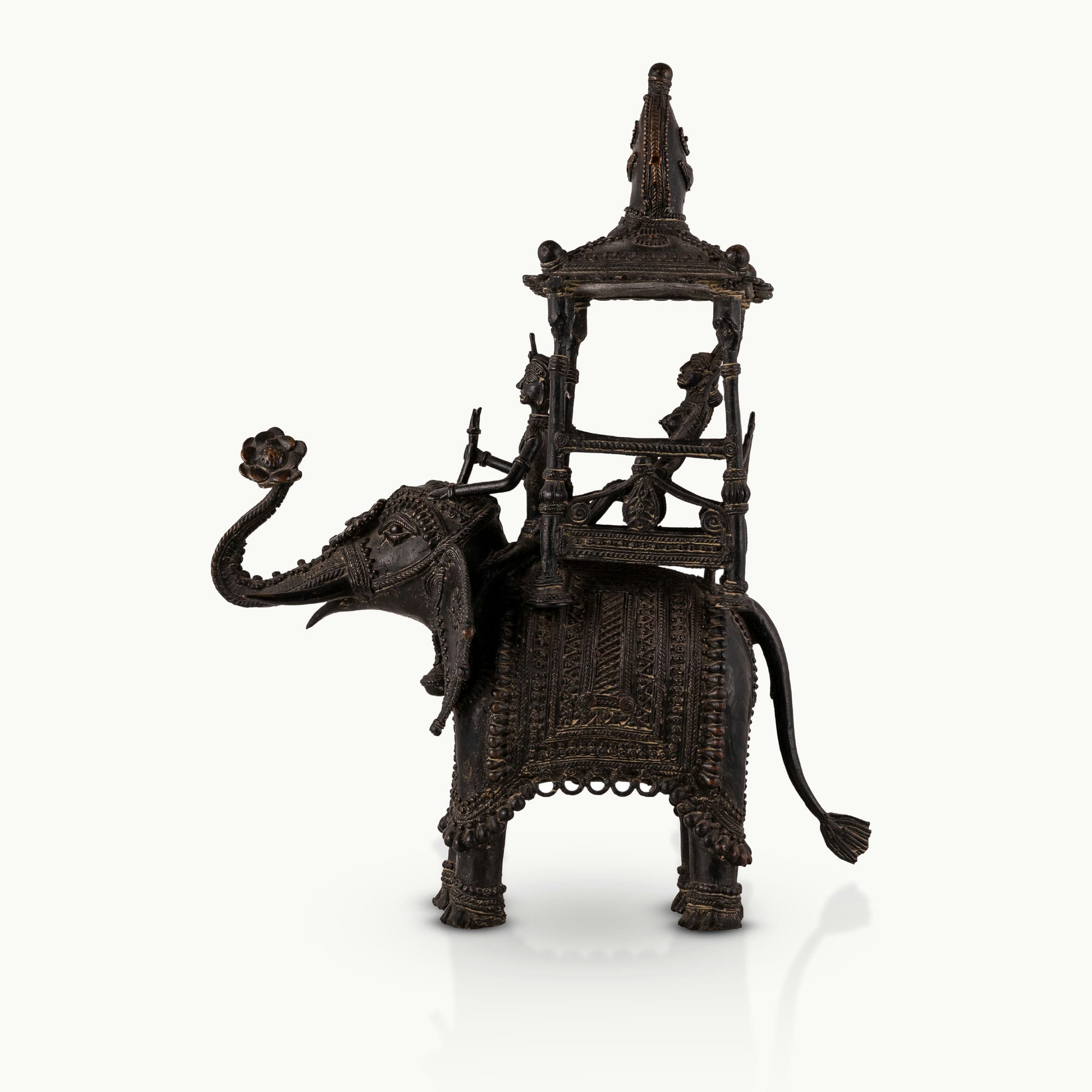 Dhokra Brass Royal Elephant Statue carrying a multi-tiered canopy for an expansive entryway. 
