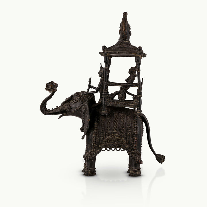 Dhokra Brass Royal Elephant Statue carrying a multi-tiered canopy for an expansive entryway. 