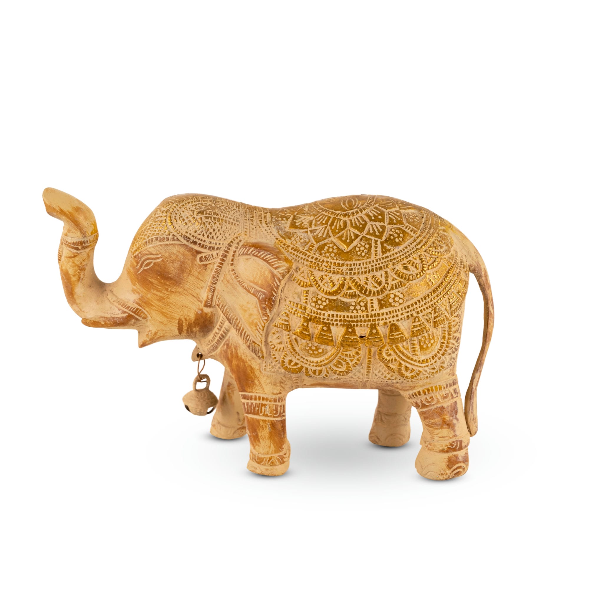 Carved Wood Etched Elephant with Trunk Raised