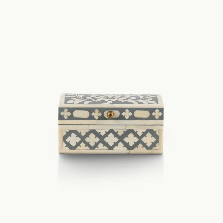 Grey bone inlay box featuring intricate floral and geometric patterns.