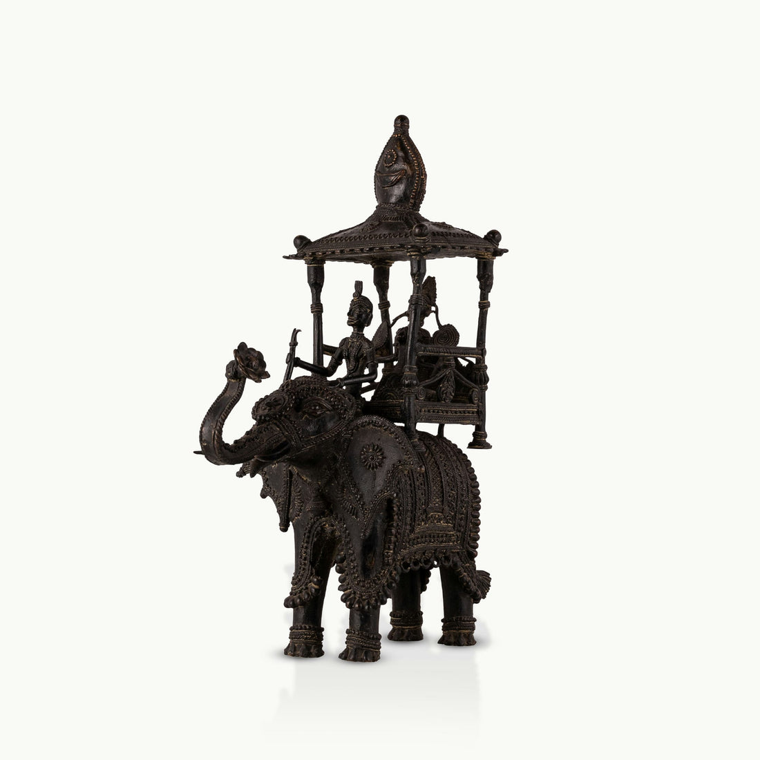 Dhokra Brass Royal Elephant Statue carrying a multi-tiered canopy for an expansive entryway. 