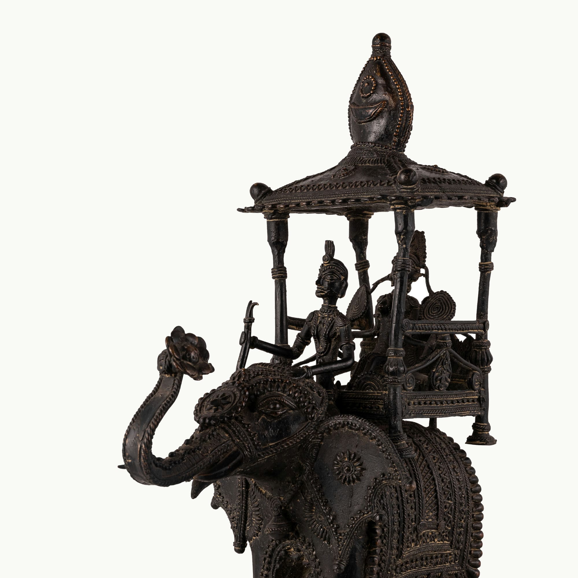 Dhokra Brass Royal Elephant Statue carrying a multi-tiered canopy for an expansive entryway. 