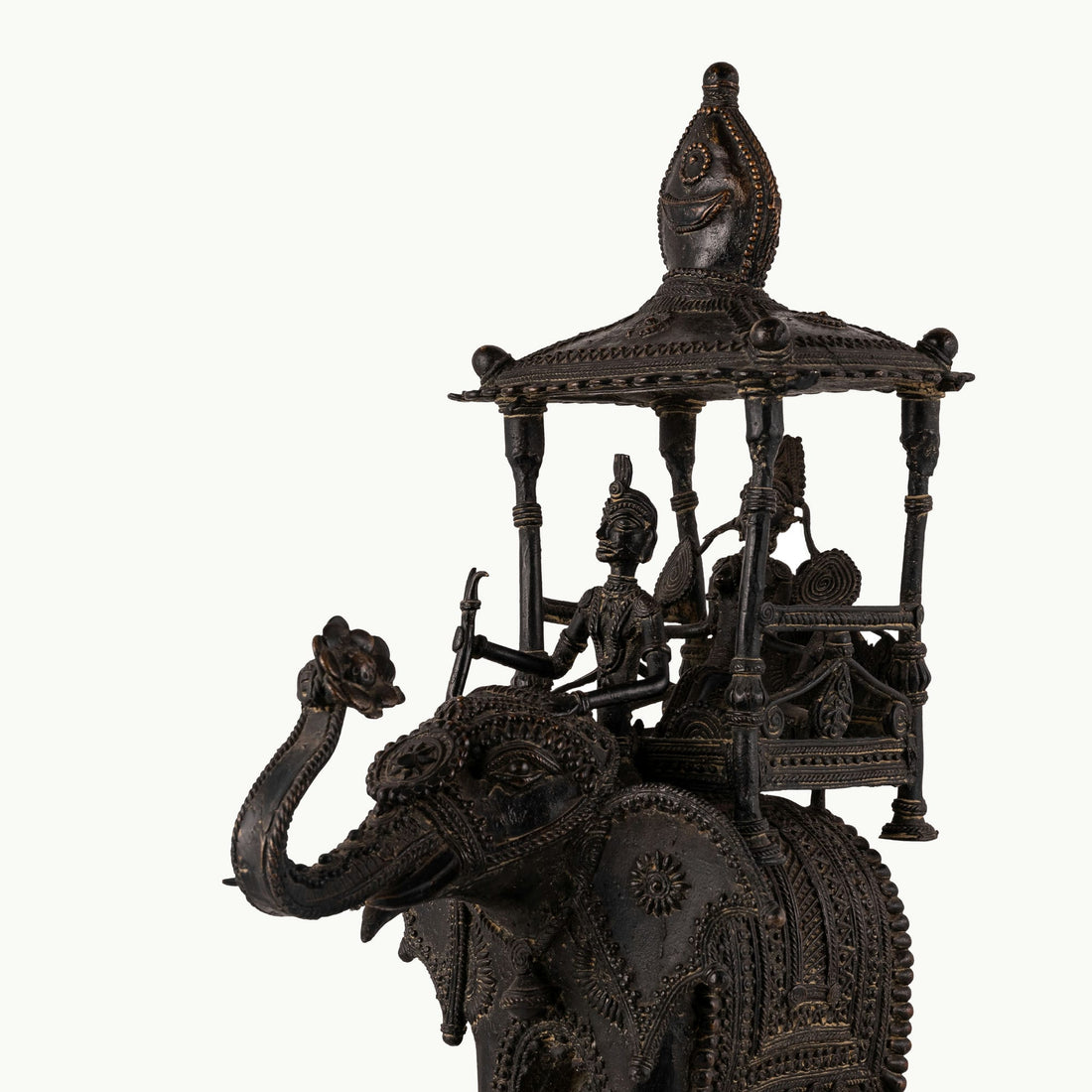 Dhokra Brass Royal Elephant Statue carrying a multi-tiered canopy for an expansive entryway. 