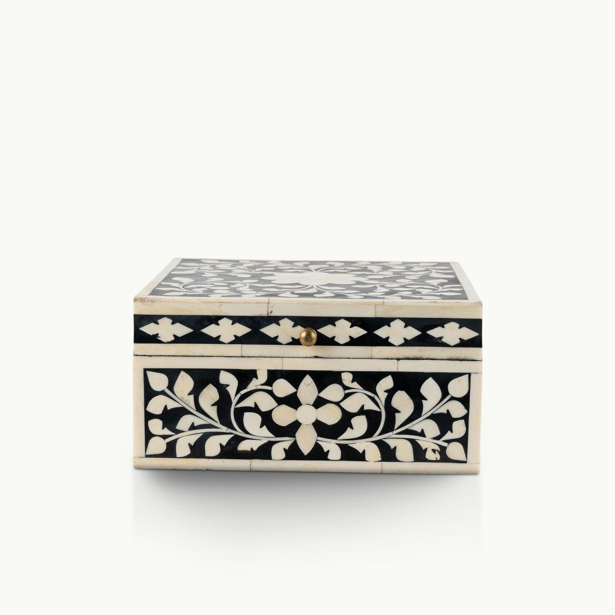 Bone/Resin Composite Square Black and White Floral Inlay Box
