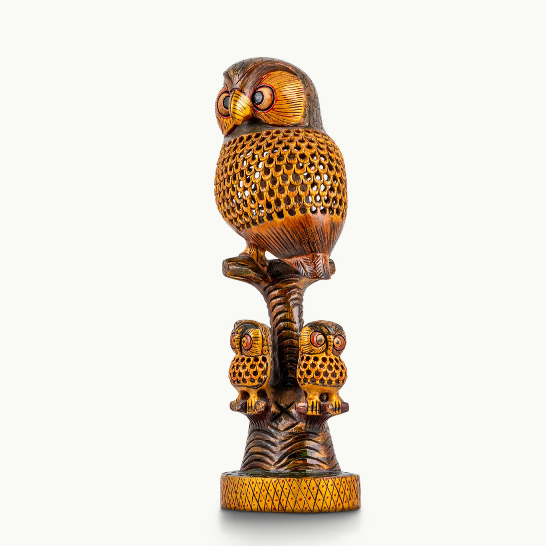 Wooden hand painted owl with family