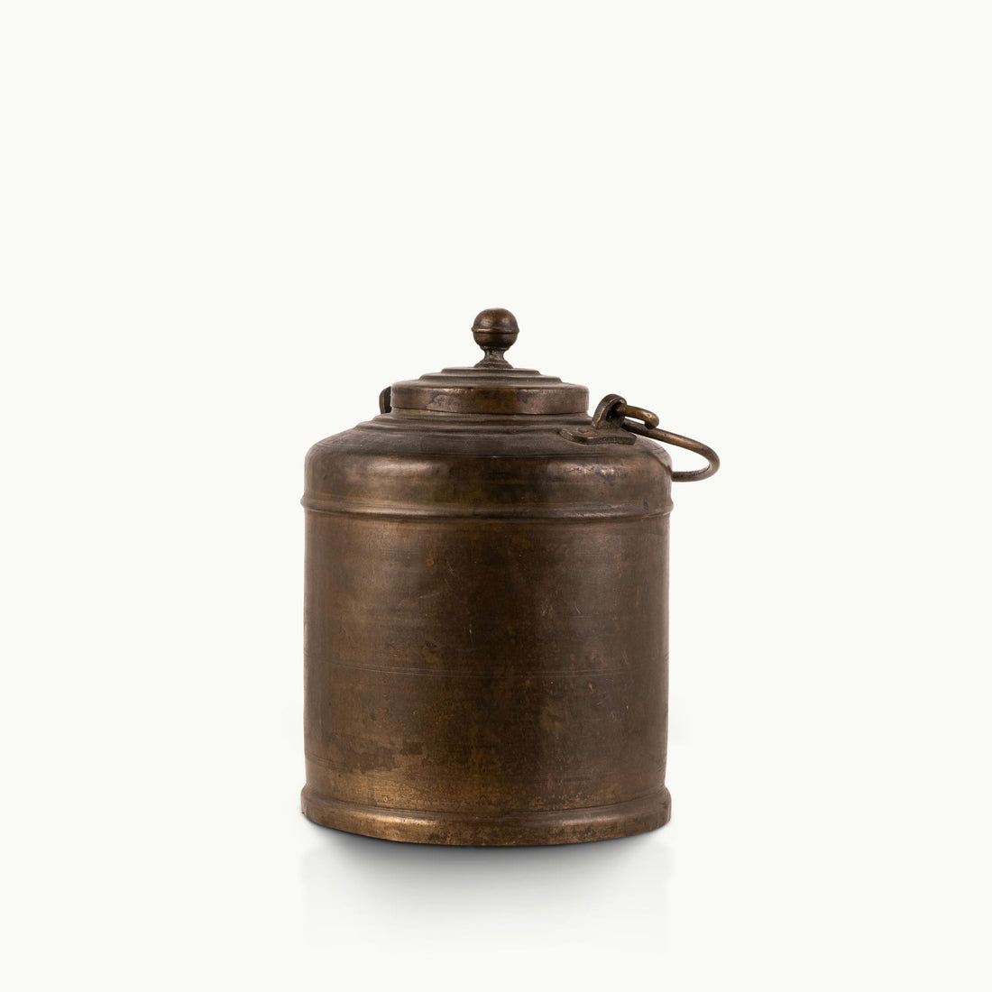 Antique Brass Canister with Handle and a drop-in lid for a reclaimed wood sideboard.