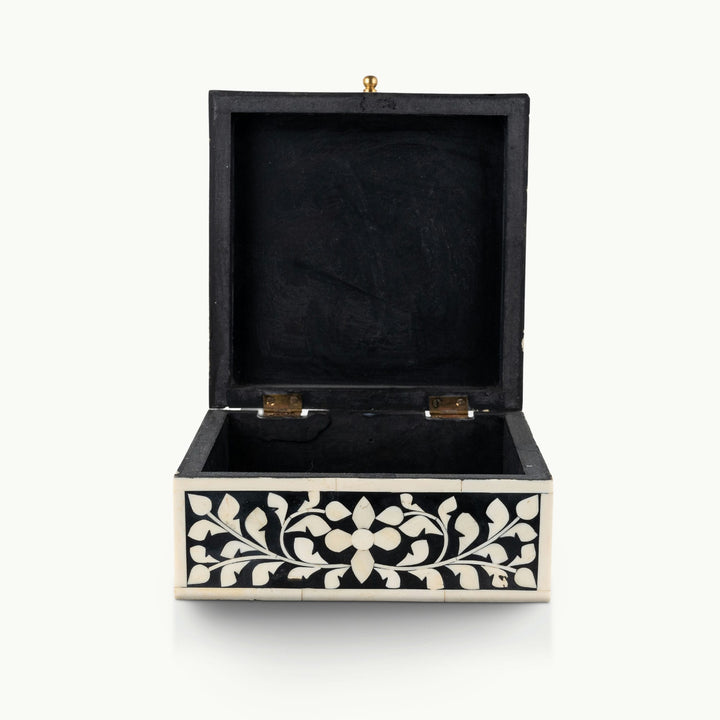 Bone/Resin Composite Square Black and White Floral Inlay Box